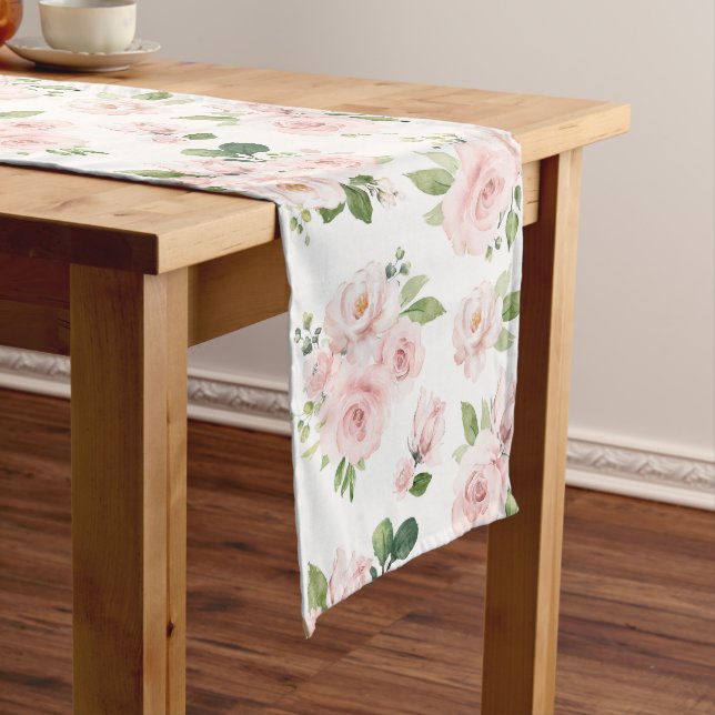 Pink Flowers, Pink Roses, Watercolor Flowers Medium Table Runner (In Situ)