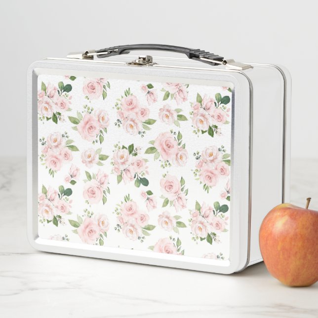 Pink Flowers, Pink Roses, Watercolor Flowers Metal Lunch Box (In Situ)