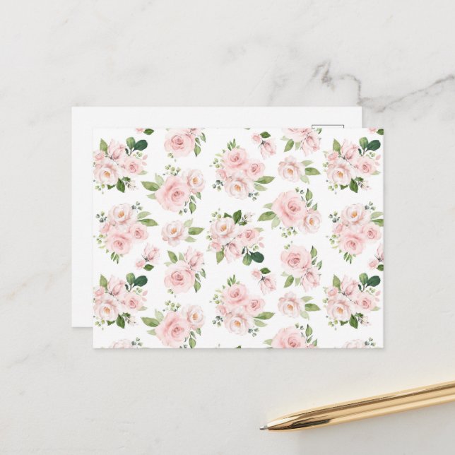 Pink Flowers, Pink Roses, Watercolor Flowers Postcard (Front/Back In Situ)