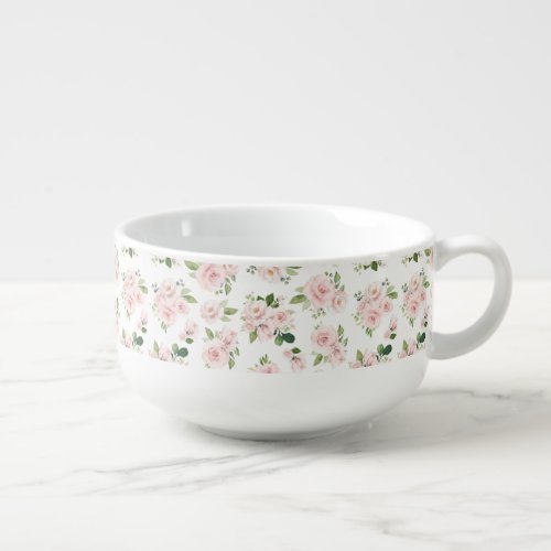 Pink Flowers Pink Roses Watercolor Flowers Soup Mug