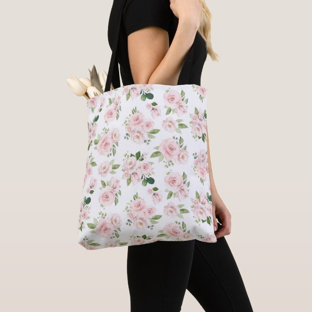 Pink Flowers, Pink Roses, Watercolor Flowers Tote Bag (Close Up)