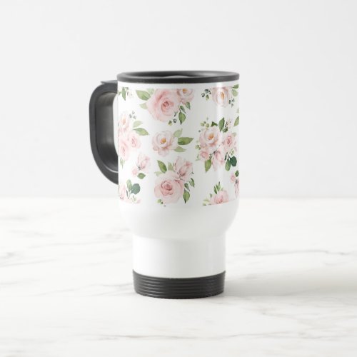 Pink Flowers Pink Roses Watercolor Flowers Travel Mug