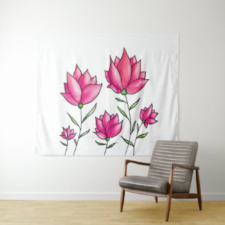 Pink Flowers Pretty Minimalist Ink Watercolor Art Tapestry