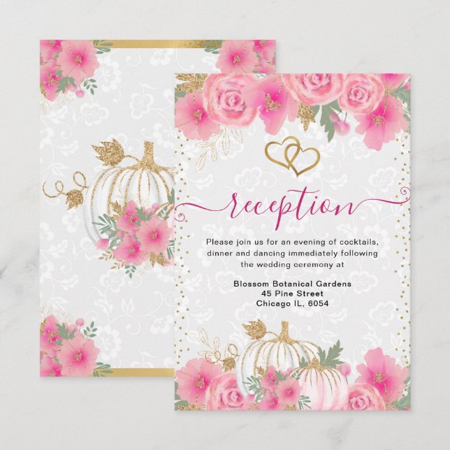 Pink Flowers Pumpkin Wedding Reception Enclosure Card (Front/Back)