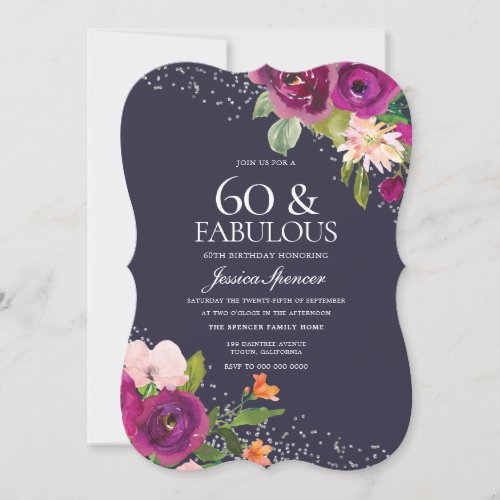 Pink Flowers Purple Back 60th Birthday Party Invitation