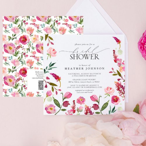 Pink Flowers QR Code Watercolor Bridal Shower Invitation