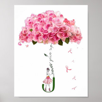 Pink Flowers Ribbon Breast Cancer Awareness Fighte Poster