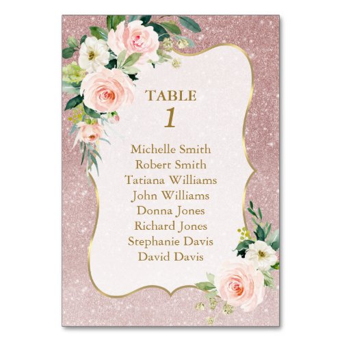 Pink Flowers Rose Gold Baptism Seating Chart   Table Number