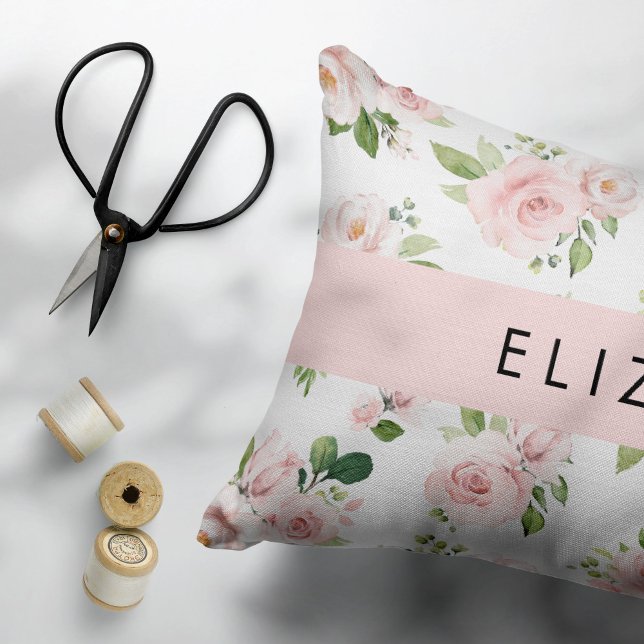 Pink Flowers, Roses, Watercolor Flowers, Your Name Accent Pillow (Creator Uploaded)