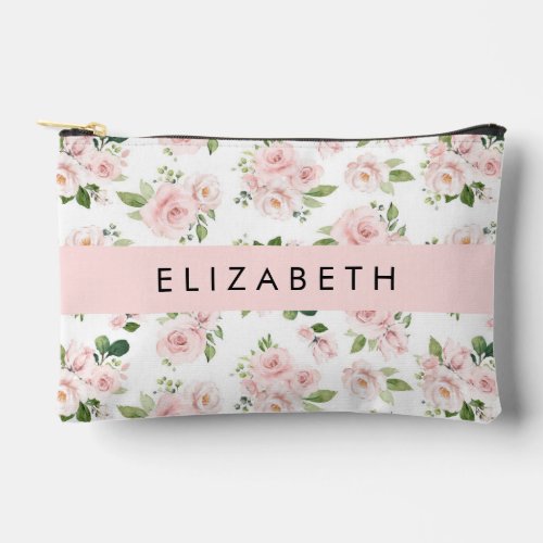 Pink Flowers Roses Watercolor Flowers Your Name Accessory Pouch