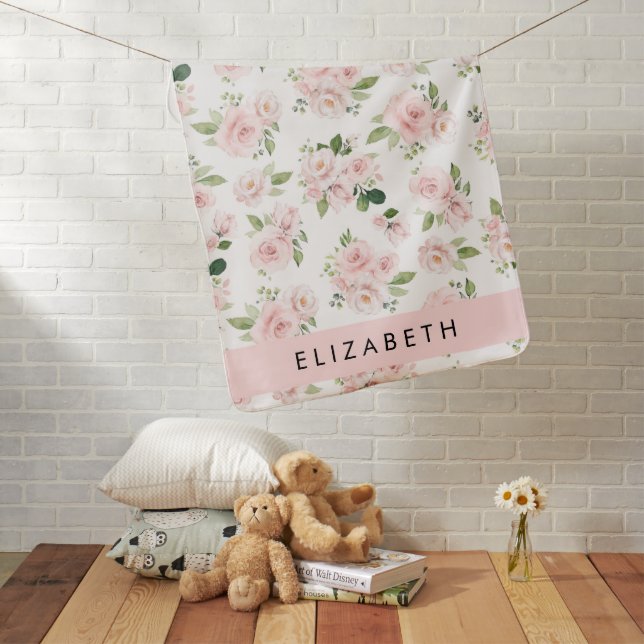 Pink Flowers, Roses, Watercolor Flowers, Your Name Baby Blanket (In Situ)