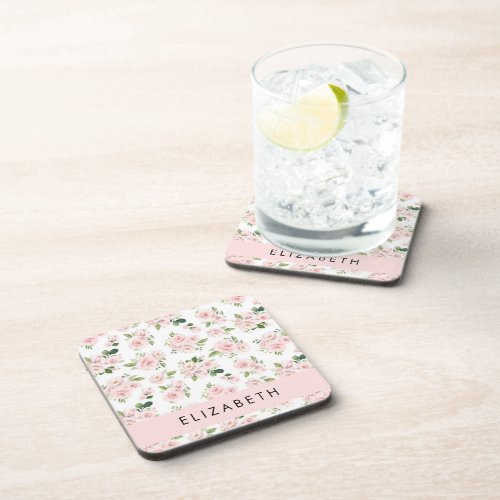 Pink Flowers Roses Watercolor Flowers Your Name Beverage Coaster