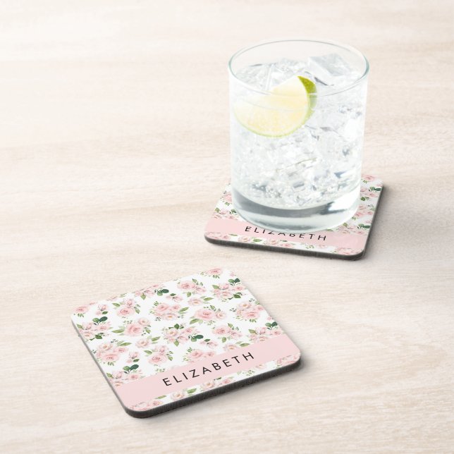 Pink Flowers, Roses, Watercolor Flowers, Your Name Beverage Coaster (Right Side)