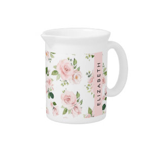 Pink Flowers, Roses, Watercolor Flowers, Your Name Beverage Pitcher