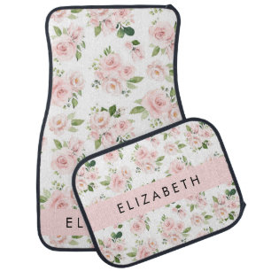 Pink Flowers, Roses, Watercolor Flowers, Your Name Car Floor Mat