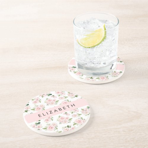 Pink Flowers Roses Watercolor Flowers Your Name Coaster