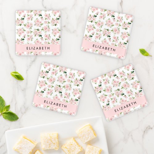 Pink Flowers Roses Watercolor Flowers Your Name Coaster Set