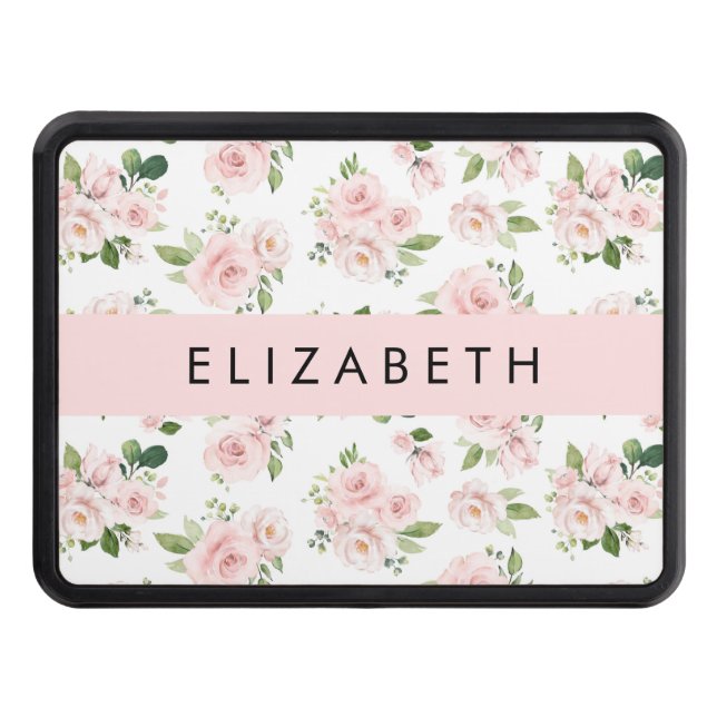 Pink Flowers, Roses, Watercolor Flowers, Your Name Hitch Cover (Front)