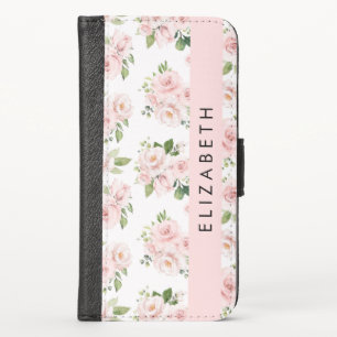 Pink Flowers, Roses, Watercolor Flowers, Your Name iPhone X Wallet Case