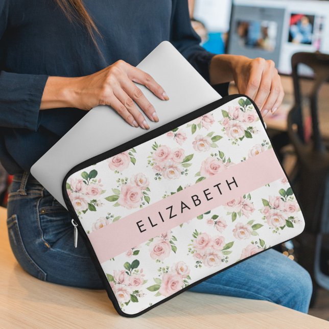 Pink Flowers, Roses, Watercolor Flowers, Your Name Laptop Sleeve (Creator Uploaded)