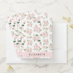 Pink Flowers, Roses, Watercolor Flowers, Your Name Pocket Folder