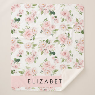 Pink Flowers, Roses, Watercolor Flowers, Your Name Sherpa Blanket
