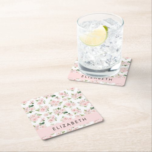 Pink Flowers Roses Watercolor Flowers Your Name Square Paper Coaster