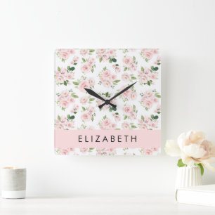 Pink Flowers, Roses, Watercolor Flowers, Your Name Square Wall Clock