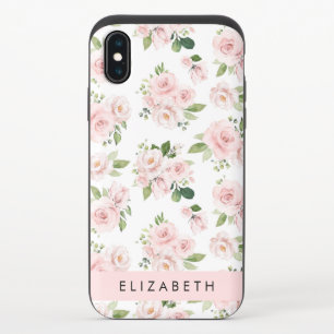 Pink Flowers, Roses, Watercolor Flowers, Your Name iPhone X Slider Case