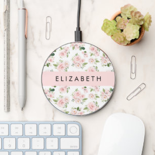Pink Flowers, Roses, Watercolor Flowers, Your Name Wireless Charger