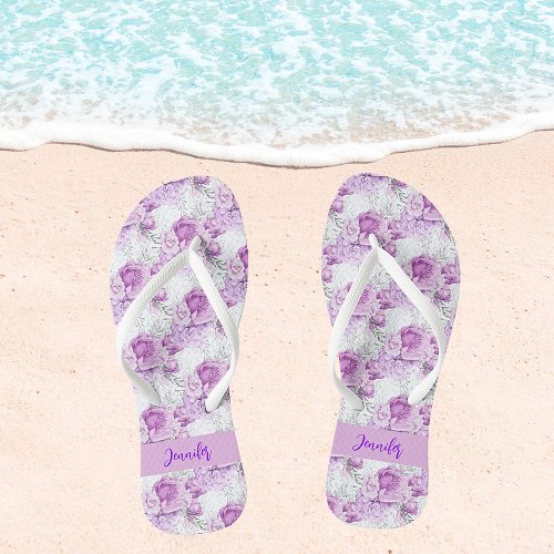 Pink flowers roses white name script flip flops