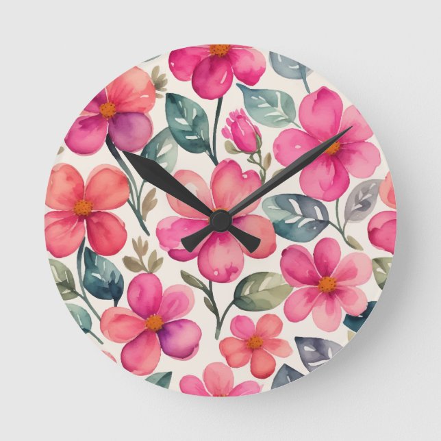 Pink Flowers Round Clock (Front)