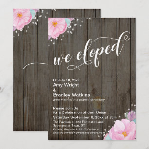 Pink Flowers Rustic We Eloped Reception-Only Invitation