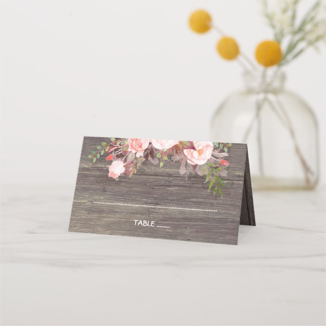 Pink Flowers Rustic Wood Wedding Place Card (Front)