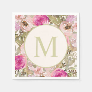 Pink Flowers Sage Green Leaves Monogram Initial Napkins