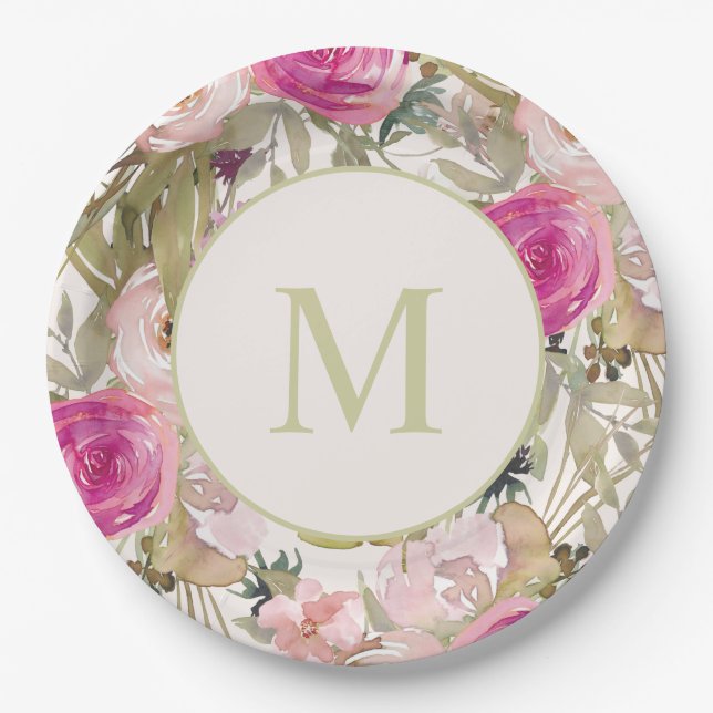 Pink Flowers Sage Green Leaves Monogram Initial  Paper Plates (Front)