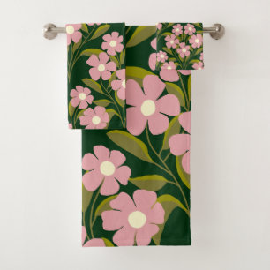Pink Flowers Sage Green Leaves pattern Bath Towel Set