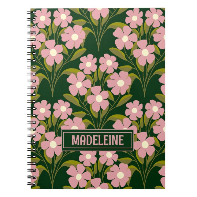 Pink Flowers Sage Green Leaves pattern  Notebook (Front)