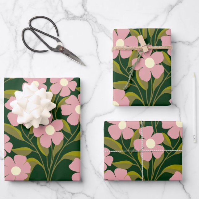 Pink Flowers Sage Green Leaves pattern  Wrapping Paper Sheets (Creator Uploaded)