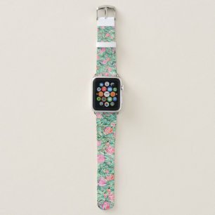 Pink flowers, sage green, seamless. apple watch band