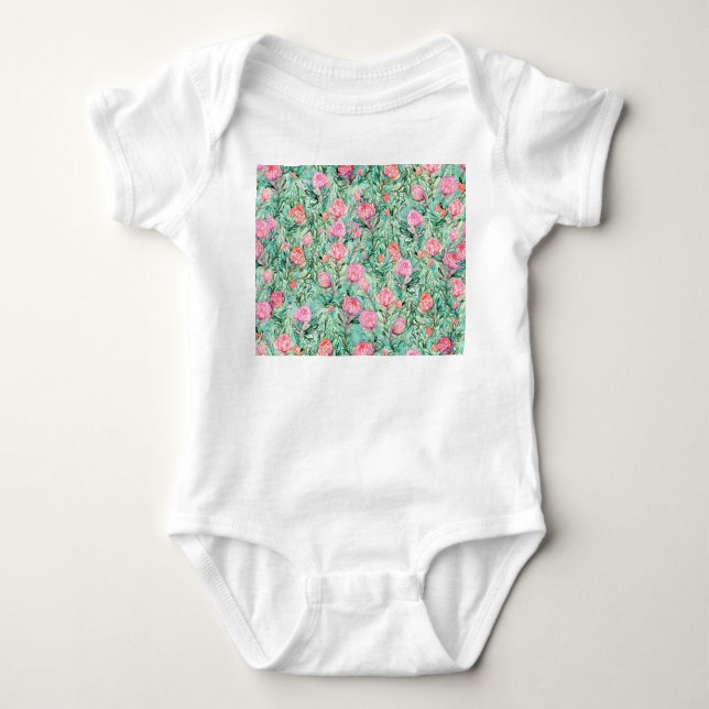 Pink flowers, sage green, seamless. baby bodysuit (Front)