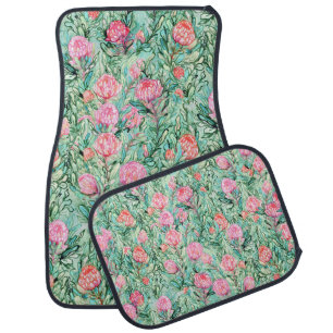 Pink flowers, sage green, seamless. car floor mat