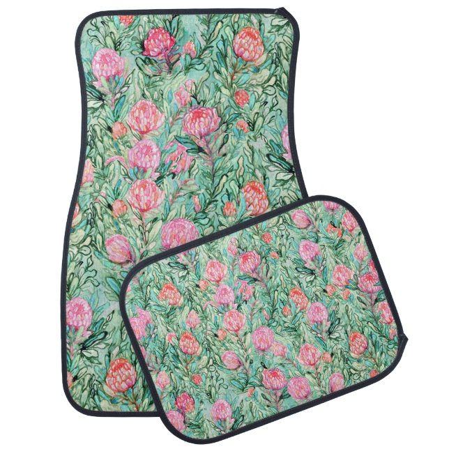 Pink flowers, sage green, seamless. car floor mat (Set)