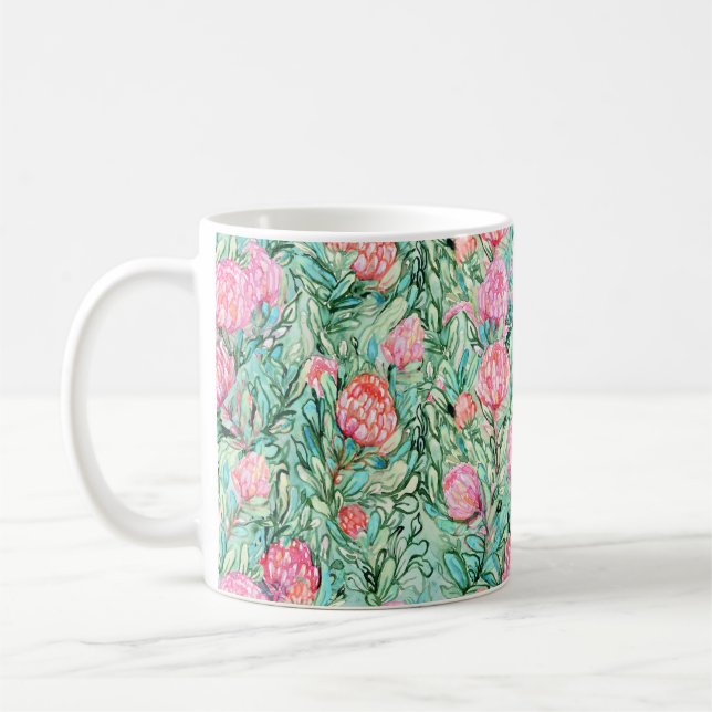 Pink flowers, sage green, seamless. coffee mug (Left)