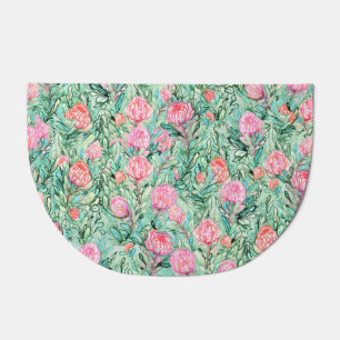 Pink flowers, sage green, seamless. doormat