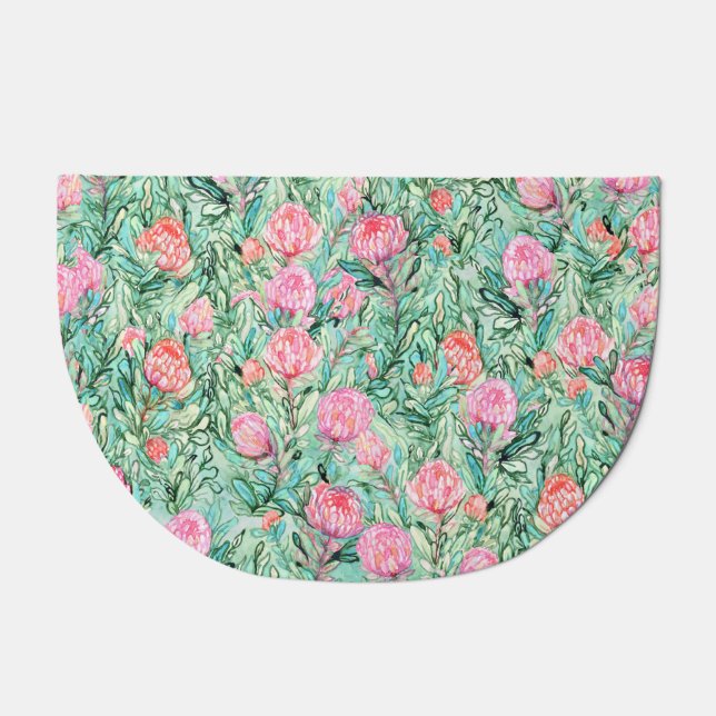 Pink flowers, sage green, seamless. doormat (Front)