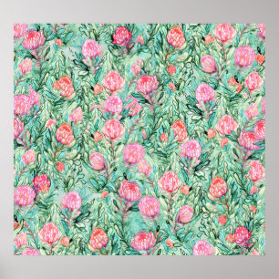 Pink flowers, sage green, seamless. poster
