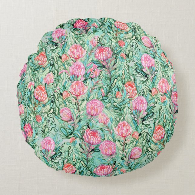 Pink flowers, sage green, seamless. round pillow (Front)