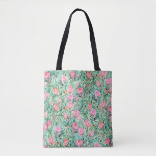 Pink flowers, sage green, seamless. tote bag