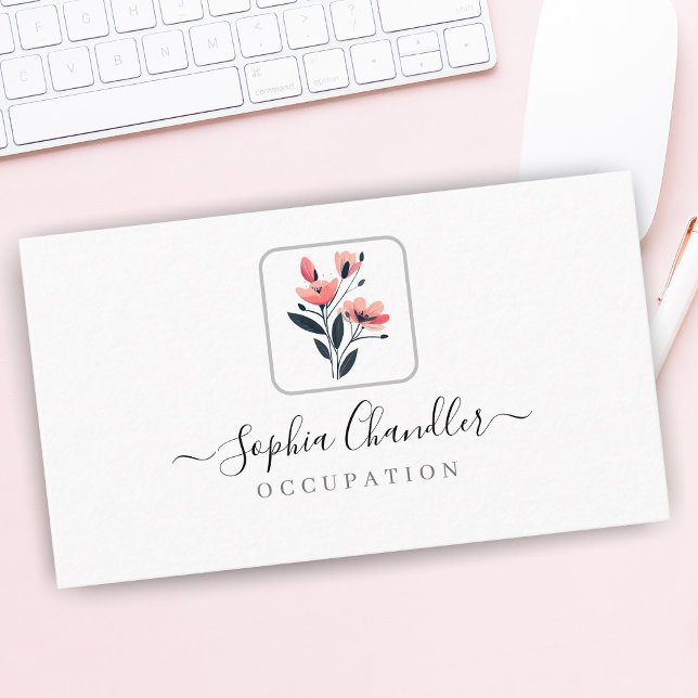 Pink Flowers, Script Name, Simple Classy Business Card (Creator Uploaded)